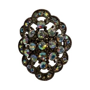 Vintage huge Aurora Borealis Rhinestone statement ring coppery band Sz 6 - 6.5